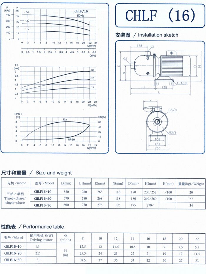 CHLF輕型立式不銹鋼多級離心泵安裝圖、尺寸、性能