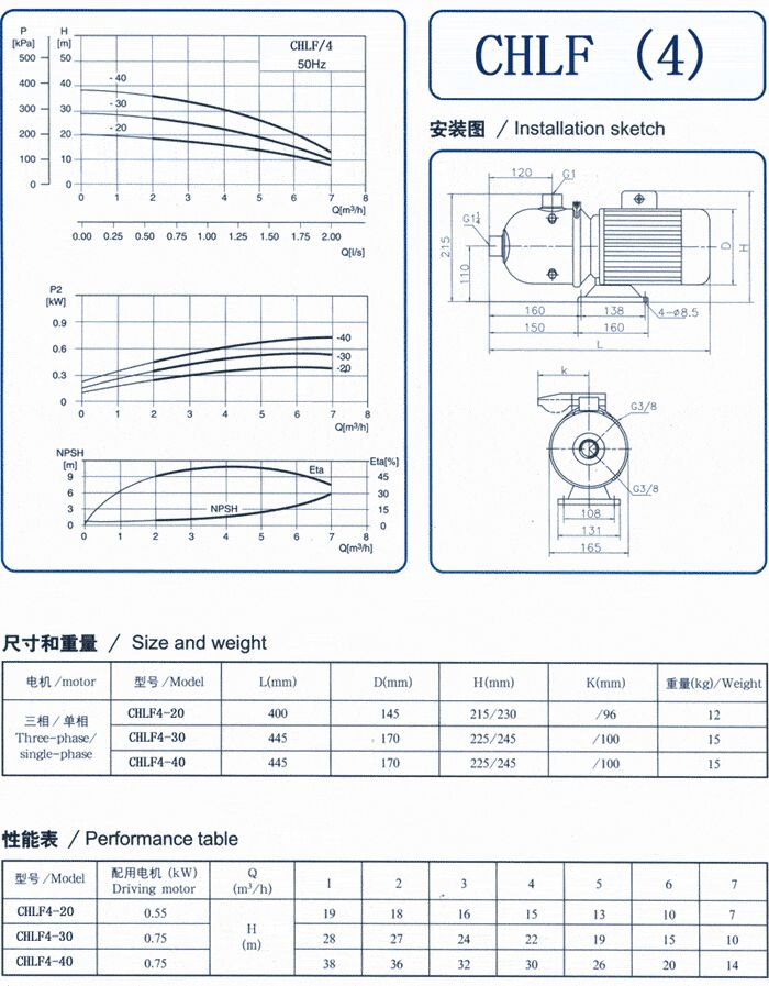 CHLF輕型立式不銹鋼多級離心泵安裝圖、尺寸、性能